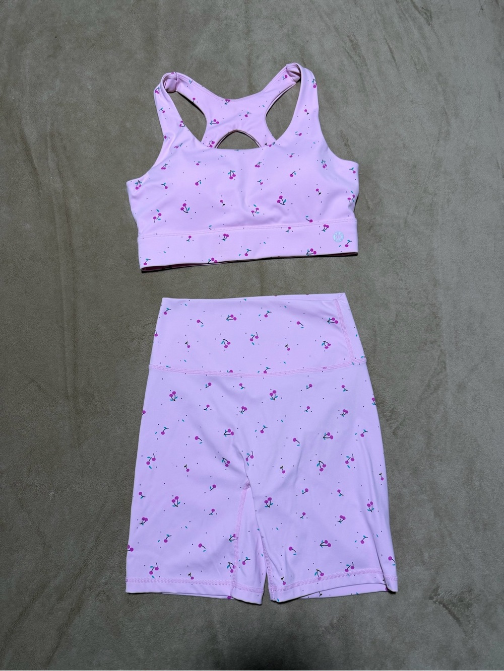 Astoria Light Pink w/ cherries matching Sports Bra & Shorts Activewear Set